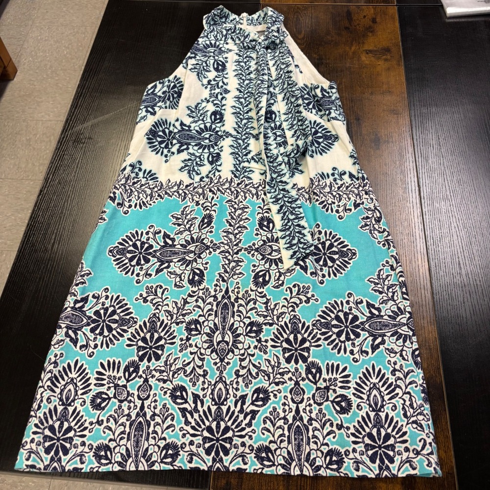 Vince Camuto Womens Turquoise Navy Paisley Halter Neck Tie Shift Dress Size 4